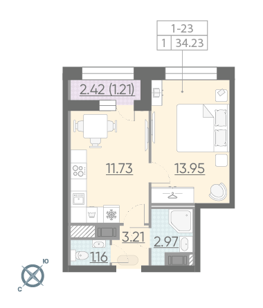 1-комнатная, 34 м² — ЖК ЖК Riviere Noire (Ривьер Нуар)