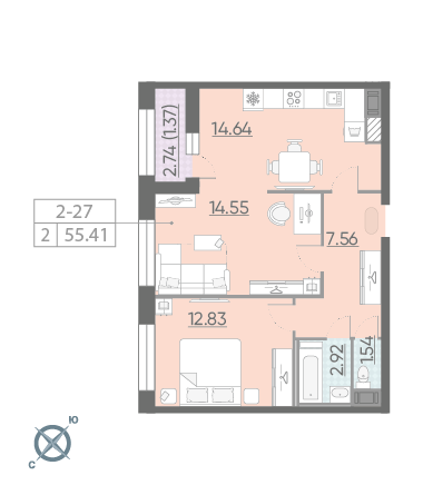 2-комнатная, 55 м² — ЖК ЖК Riviere Noire (Ривьер Нуар)