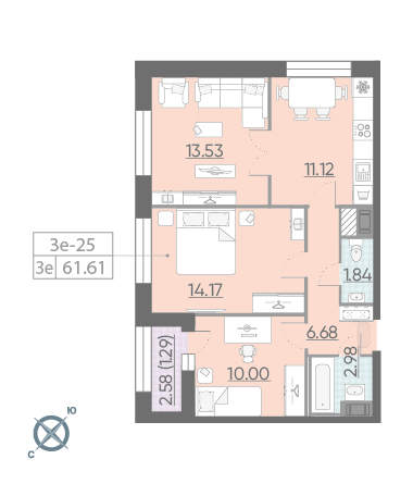 2-комнатная, 62 м² — ЖК ЖК Riviere Noire (Ривьер Нуар)