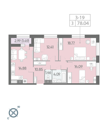 3-комнатная, 78 м² — ЖК ЖК Riviere Noire (Ривьер Нуар)