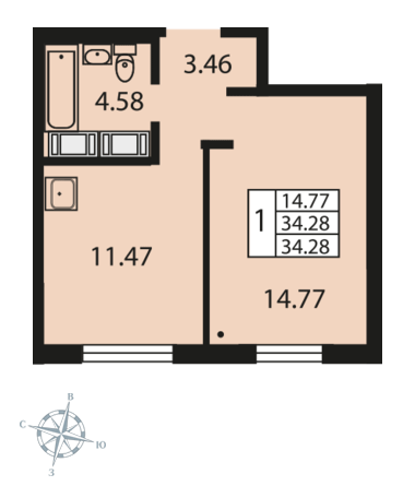 1-комнатная, 34 м² — ЖК ЖК Звездный дуэт
