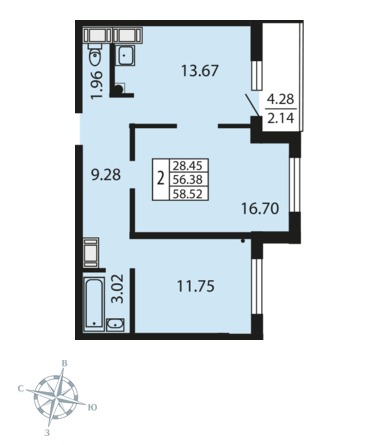 1-комнатная, 57 м² — ЖК ЖК Звездный дуэт
