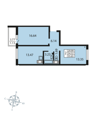 2-комнатная, 55 м² — ЖК ЖК Звездный дуэт