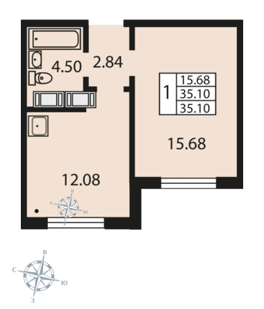 1-комнатная, 36 м² — ЖК ЖК Звездный дуэт