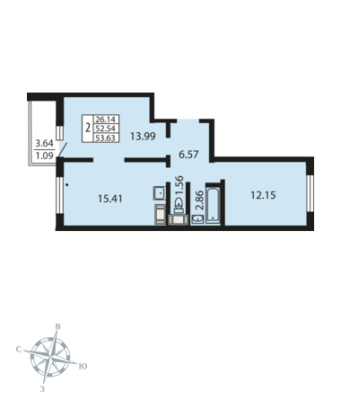 2-комнатная, 54 м² — ЖК ЖК Звездный дуэт