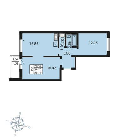 2-комнатная, 56 м² — ЖК ЖК Звездный дуэт