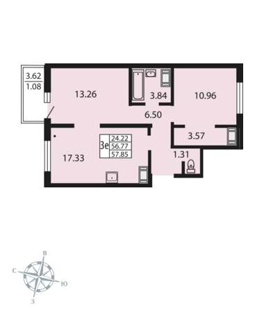 2-комнатная, 56 м² — ЖК ЖК Звездный дуэт