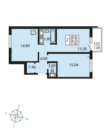 2-комнатная, 56 м² — ЖК ЖК Звездный дуэт