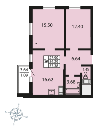 2-комнатная, 57 м² — ЖК ЖК Звездный дуэт