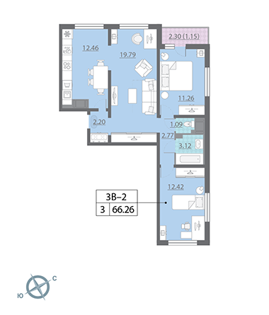 3-комнатная, 66 м² — ЖК ЖК Ручьи