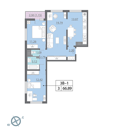 3-комнатная, 67 м² — ЖК ЖК Ручьи