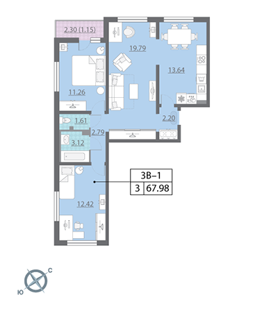3-комнатная, 68 м² — ЖК ЖК Ручьи
