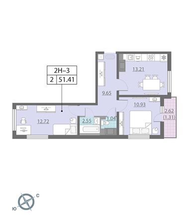 2-комнатная, 51 м² — ЖК ЖК Ручьи