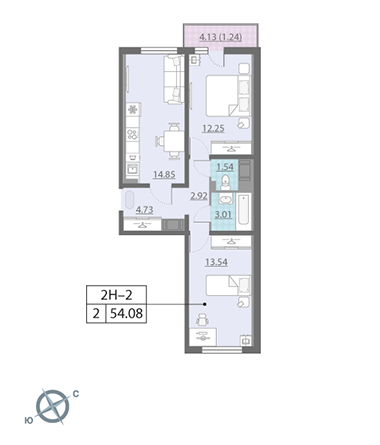 2-комнатная, 54 м² — ЖК ЖК Ручьи