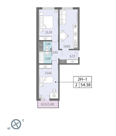 2-комнатная, 54 м² — ЖК ЖК Ручьи