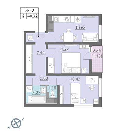 2-комнатная, 48 м² — ЖК ЖК Ручьи