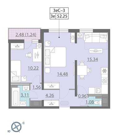 2-комнатная, 52 м² — ЖК ЖК Ручьи