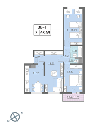 3-комнатная, 69 м² — ЖК ЖК Ручьи