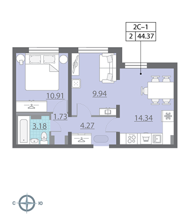 2-комнатная, 44 м² — ЖК ЖК Ручьи