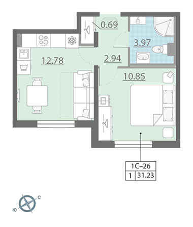 1-комнатная, 31 м² — ЖК ЖК Ручьи