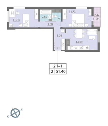2-комнатная, 51 м² — ЖК ЖК Ручьи