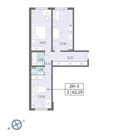 2-комнатная, 62 м² — ЖК ЖК Ручьи