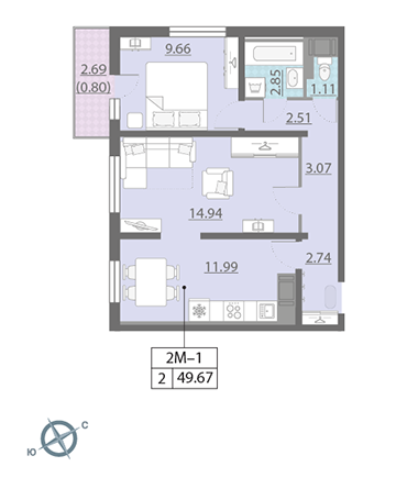 2-комнатная, 50 м² — ЖК ЖК Ручьи