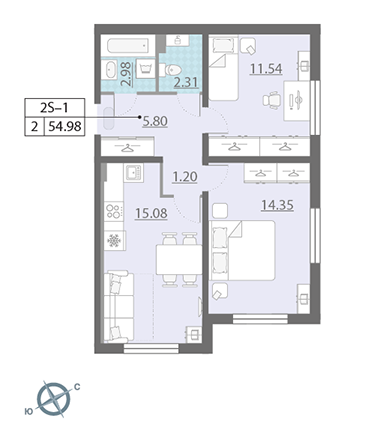 2-комнатная, 53 м² — ЖК ЖК Ручьи
