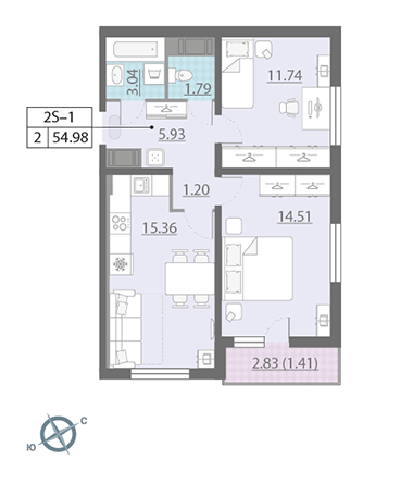 2-комнатная, 55 м² — ЖК ЖК Ручьи