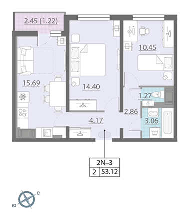 2-комнатная, 53 м² — ЖК ЖК Ручьи