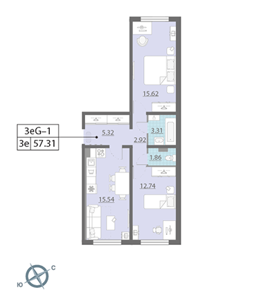 2-комнатная, 57 м² — ЖК ЖК Ручьи