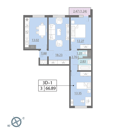 3-комнатная, 67 м² — ЖК ЖК Ручьи