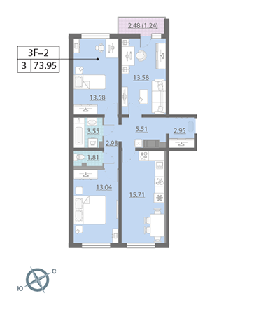 3-комнатная, 74 м² — ЖК ЖК Ручьи