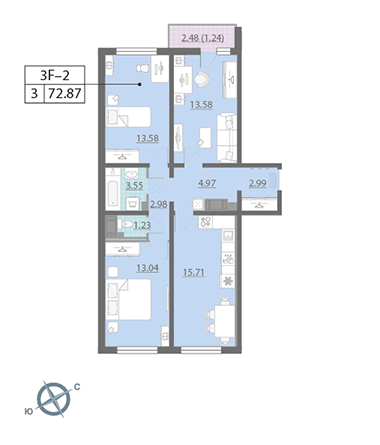 3-комнатная, 73 м² — ЖК ЖК Ручьи