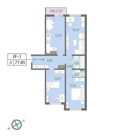 3-комнатная, 78 м² — ЖК ЖК Ручьи