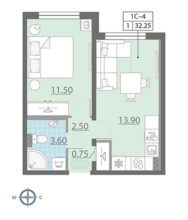 1-комнатная, 32 м² — ЖК ЖК Ручьи