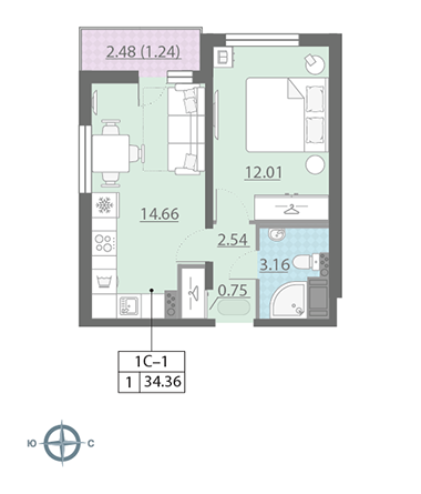 2-комнатная, 34 м² — ЖК ЖК Ручьи