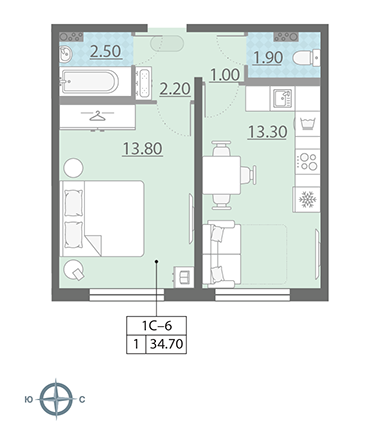 2-комнатная, 35 м² — ЖК ЖК Ручьи