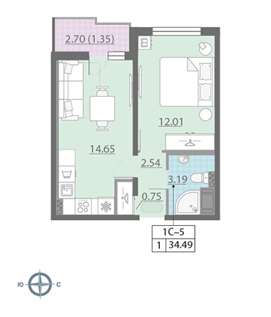 1-комнатная, 35 м² — ЖК ЖК Ручьи