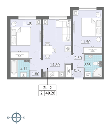 2-комнатная, 49 м² — ЖК ЖК Ручьи