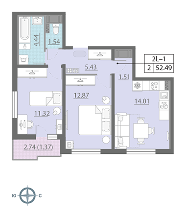 2-комнатная, 53 м² — ЖК ЖК Ручьи