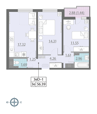2-комнатная, 56 м² — ЖК ЖК Ручьи