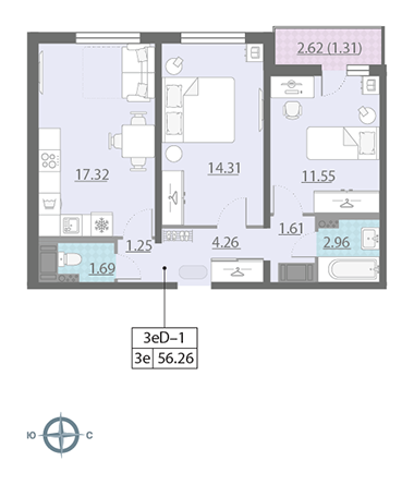 2-комнатная, 56 м² — ЖК ЖК Ручьи