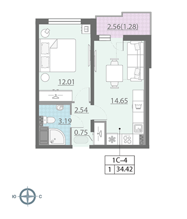 1-комнатная, 34 м² — ЖК ЖК Ручьи