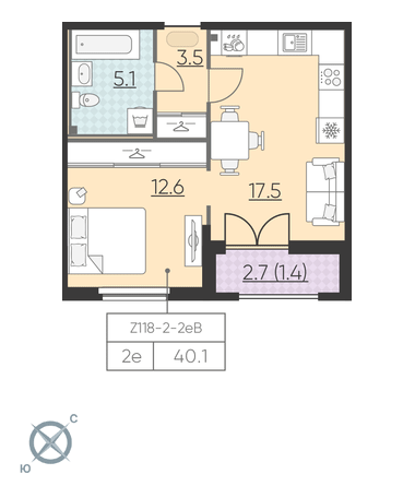 1-комнатная, 40 м² — ЖК ЖК Цивилизация на Неве