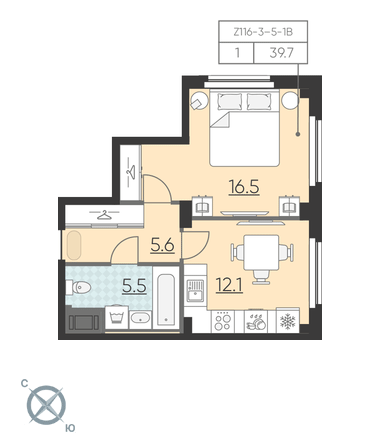 1-комнатная, 40 м² — ЖК ЖК Цивилизация на Неве