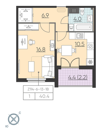 1-комнатная, 40 м² — ЖК ЖК Цивилизация на Неве
