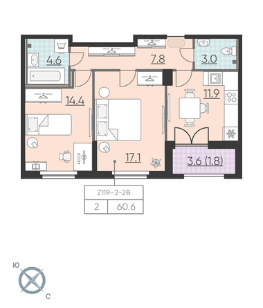 2-комнатная, 61 м² — ЖК ЖК Цивилизация на Неве