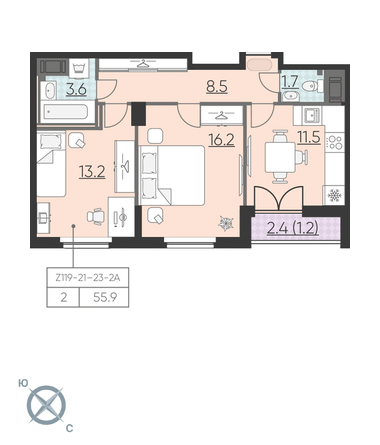 2-комнатная, 56 м² — ЖК ЖК Цивилизация на Неве