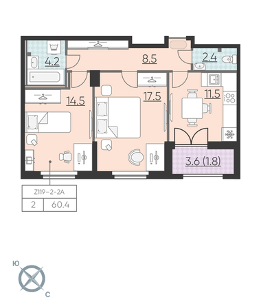 2-комнатная, 60 м² — ЖК ЖК Цивилизация на Неве